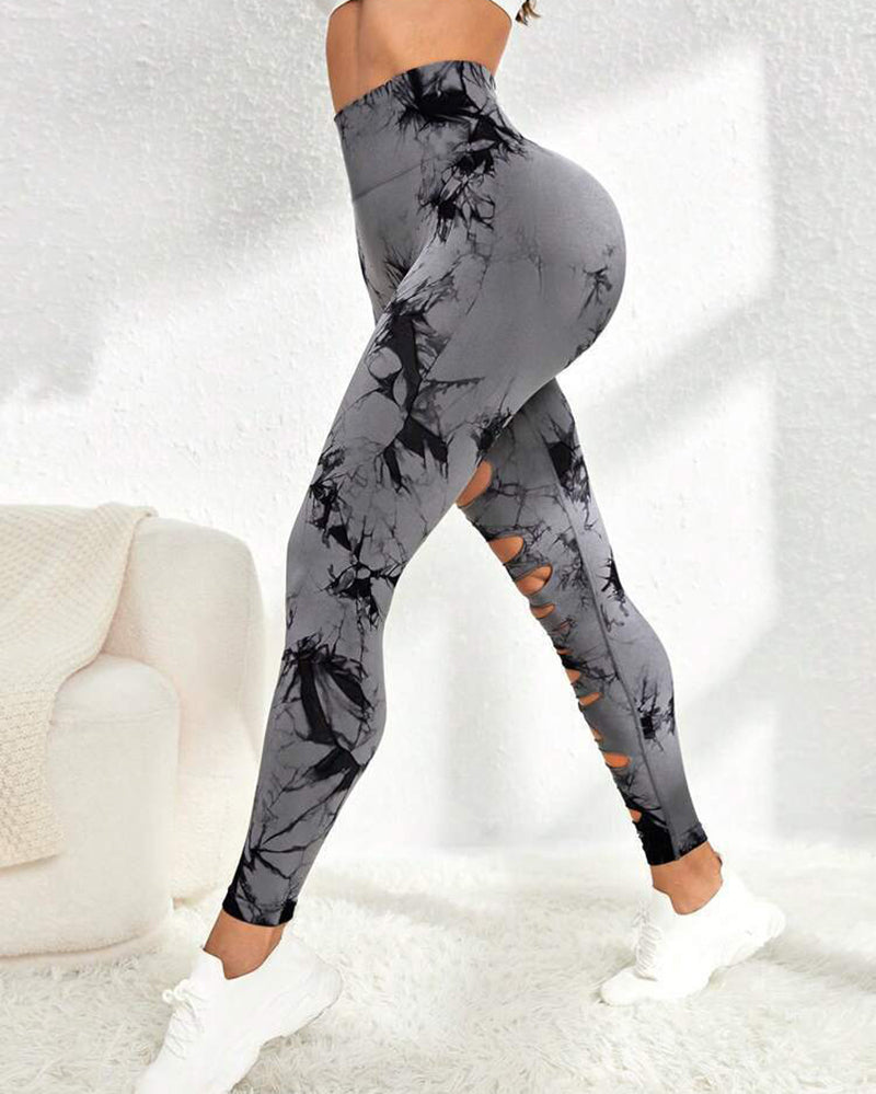 Women Hollow Out Tie Dye Sports Pants Yoga Leggings S-L