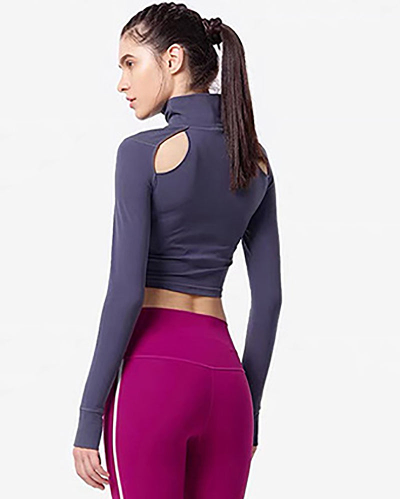 High Neck Long Sleeve Fashion Back Hole Sport Crop Top With Pad S-L