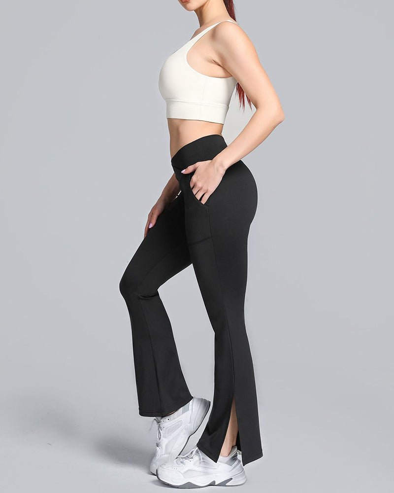 Ladies Cross Waist Wide Leg Pants Navel Nude Pockets High Waist Fitness Sports Yoga Pants S-XL