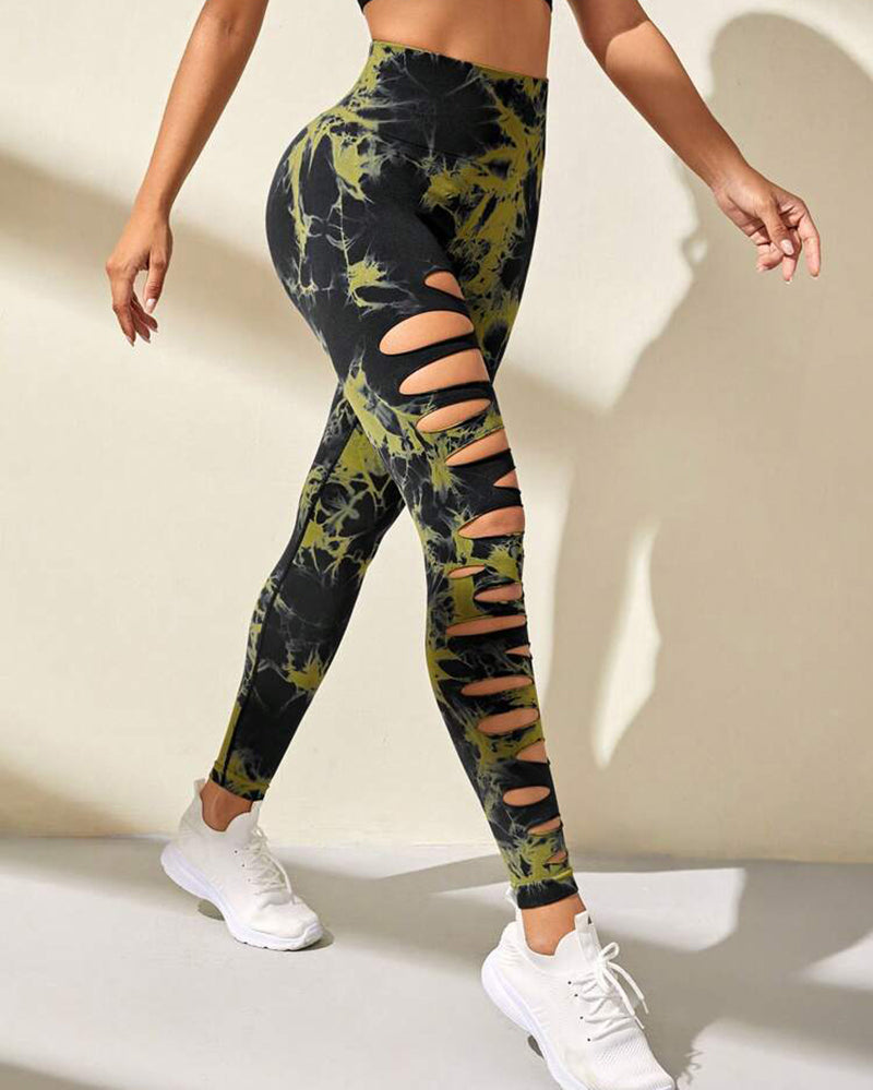 Women Hollow Out Tie Dye Sports Pants Yoga Leggings S-L