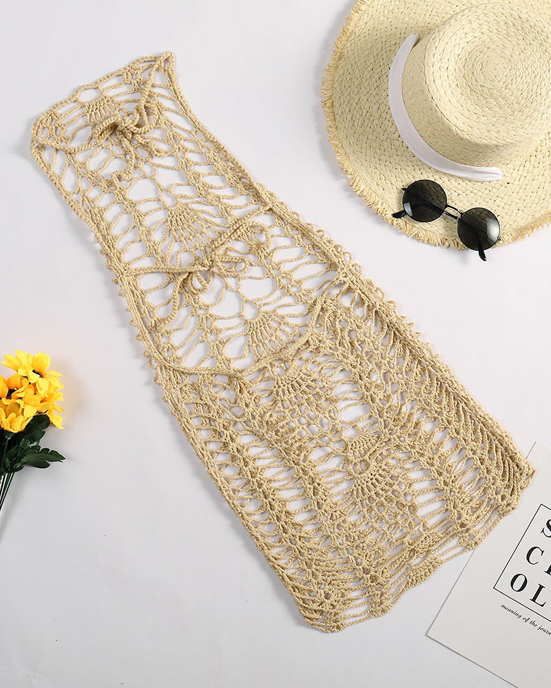 Sexy Beach Cover Up Dress Swim Women White Knitted Beach Tunic Hollow Sexy Tassels Cover Up Bikini Bandage Half-body Skirt OM25975