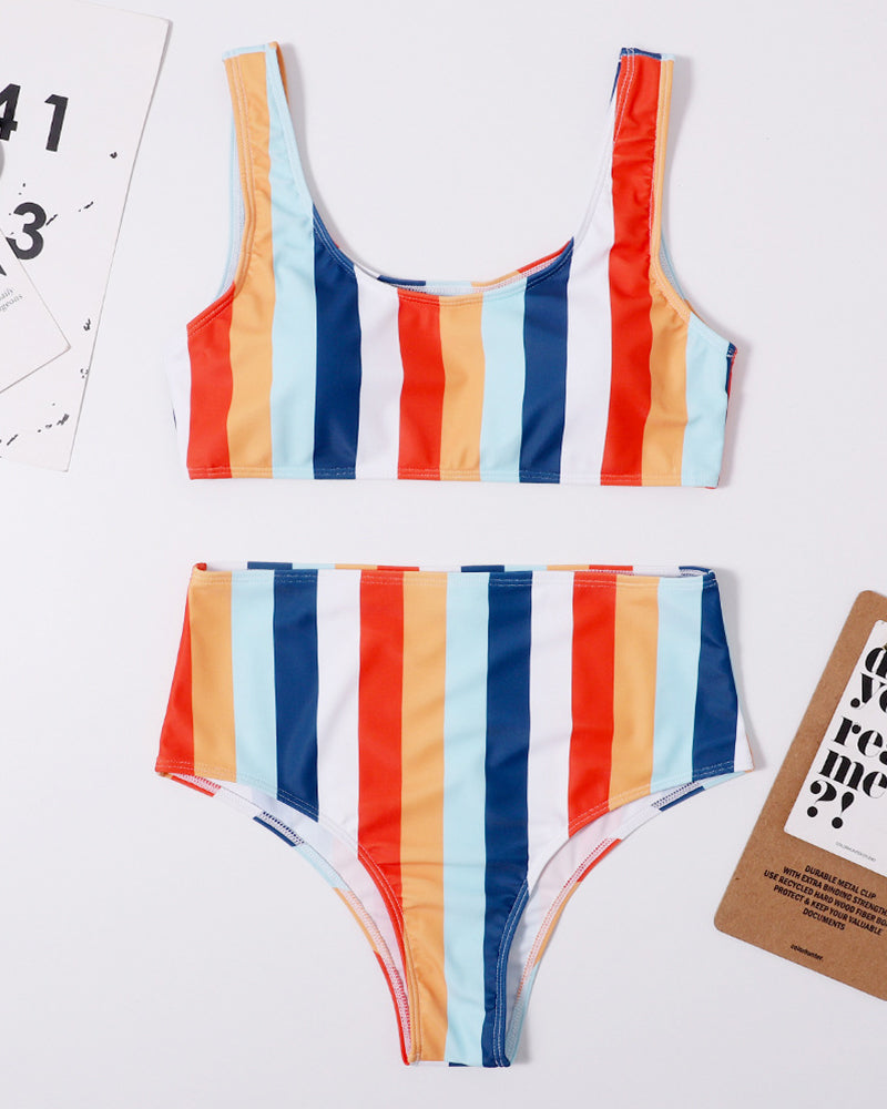 Sexy Stripe High Waist Two-piece Swimsuit Yellow Green Navy Blue Orange S-XL YY10017