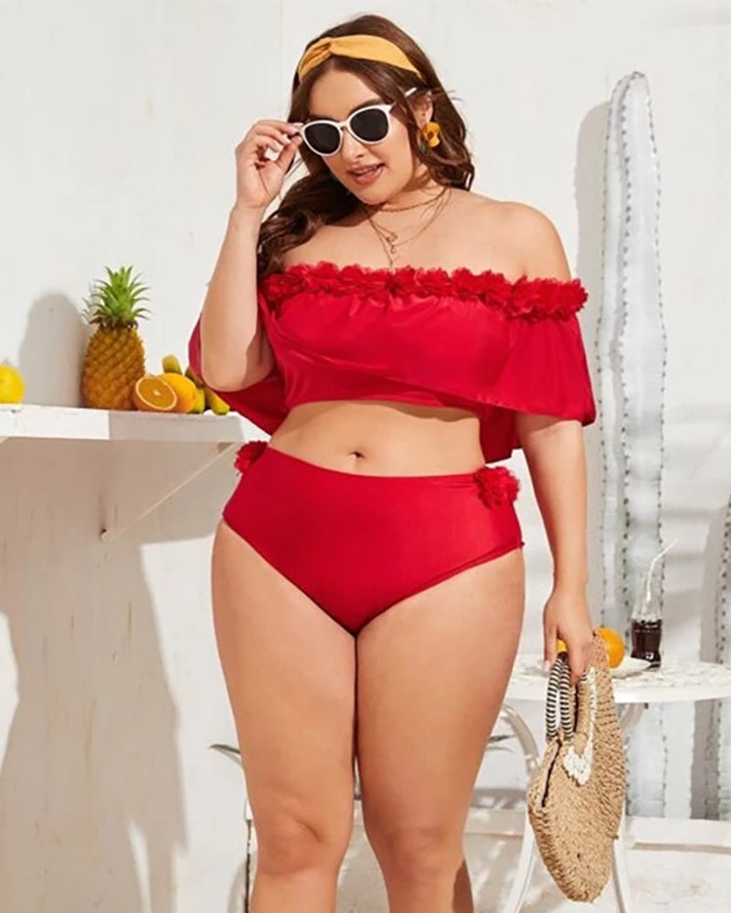 Women Off Shoulder Two Piece Sexy Plus Size Swimwear Black Red L-4XL