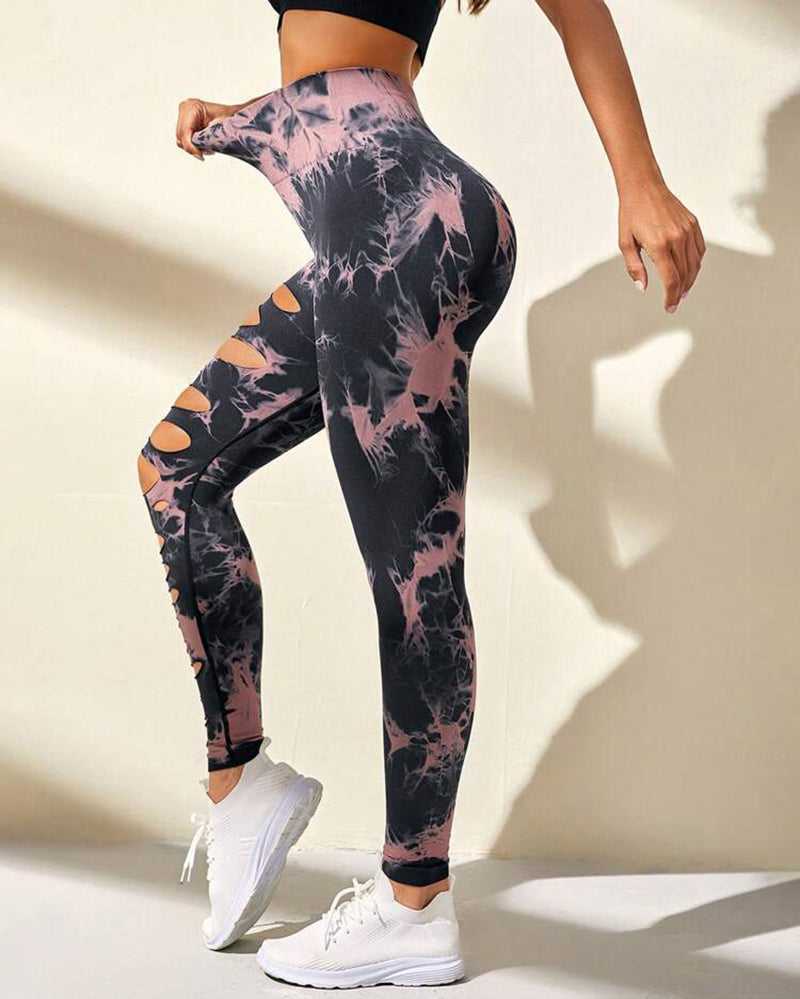 Women Hollow Out Tie Dye Sports Pants Yoga Leggings S-L