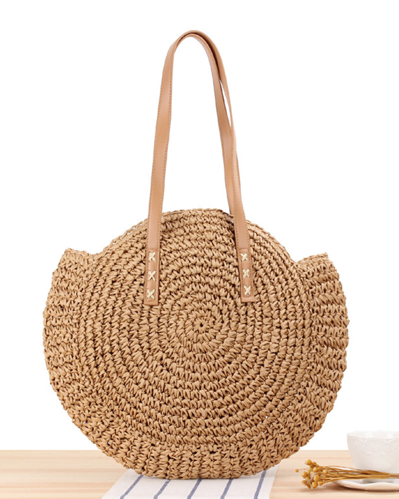 Round Straw Beach Bag Vintage Handmade Woven Shoulder Bag Raffia circle Rattan bags Bohemian Summer Vacation Casual Bags OM6318