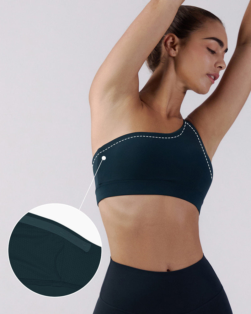 Elegant One Shoulder Strap Yoga High Elastic Bra Dark Green White Black S-L