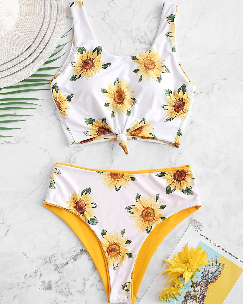 Women Florals Printed Sexy Cute Two-piece Swimsuit Yellow Green S-XL