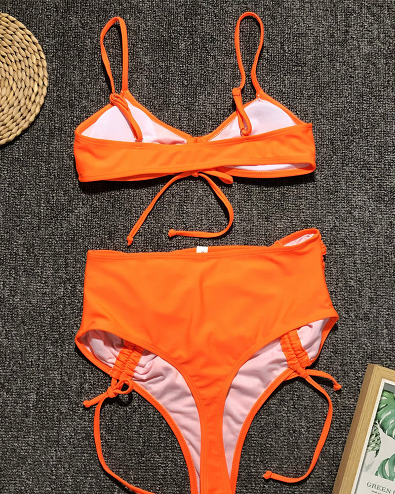 Solid Color High Waist Strappy Women Two-piece Swimsuit Beige Green Orange Black S-L