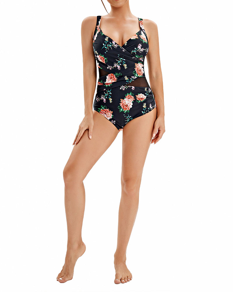 Plus Size Mesh Digital Printed One Piece Swimwear M-4XL