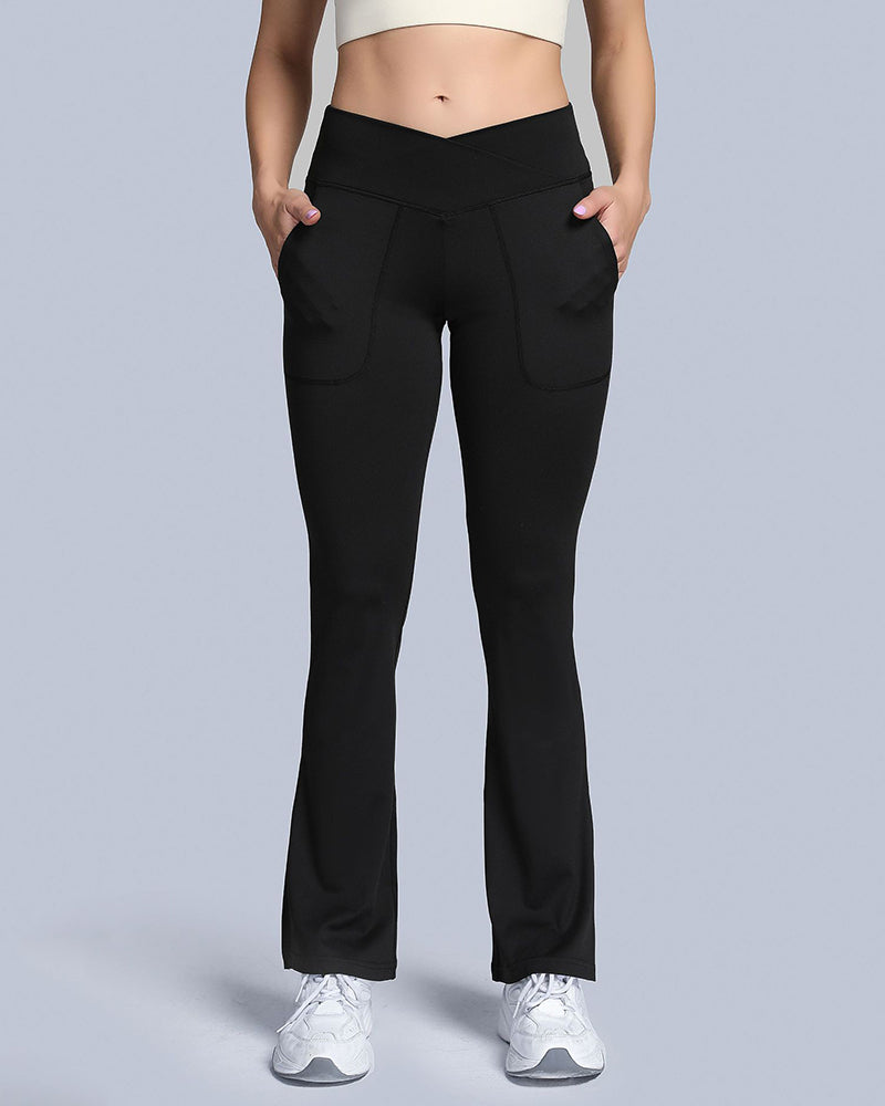 Ladies Cross Waist Wide Leg Pants Navel Nude Pockets High Waist Fitness Sports Yoga Pants S-XL