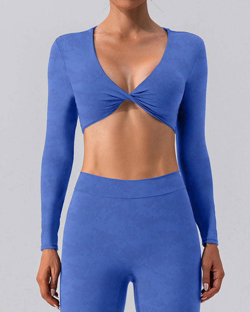 Women Long Sleeve V Neck Solid Color Crop Top Yoga Top S-XL