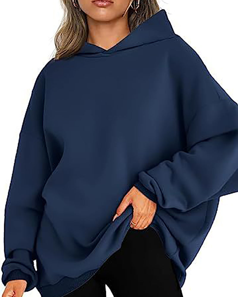 Women Long Sleeve Solid Color Hooded Loose Pullover Tops S-XL