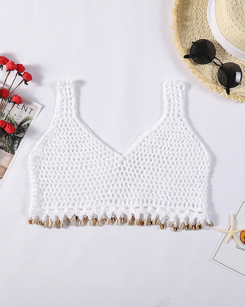 Women Beach Crochet Swimsuit Bra Tassel Sexy Knitted Crop Top Women Hollow out Elastic Camisoles Streetwear Tube Female Tops Vacation OM25979