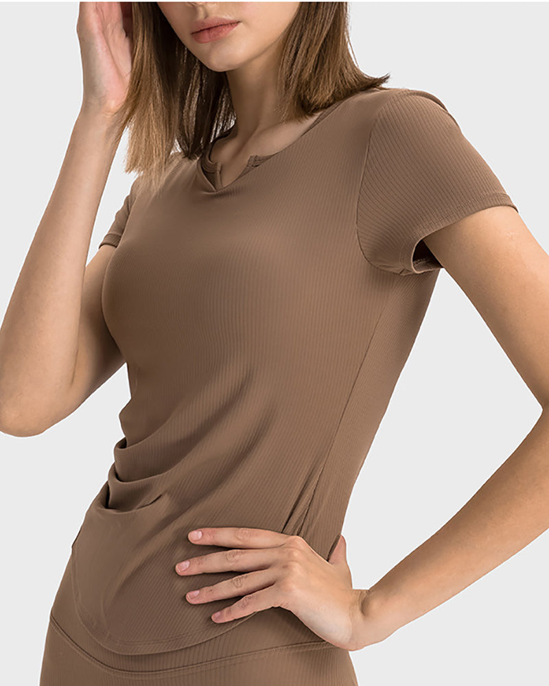 Women V-Neck Ruched Solid Color Short Sleeve Slim Yoga Tops 4-12