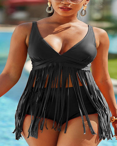 Sexy Tassel V-Neck Short Sleeveless High Waist Two Piece Swimwear Orange Black Blue Rose Red S-2XL