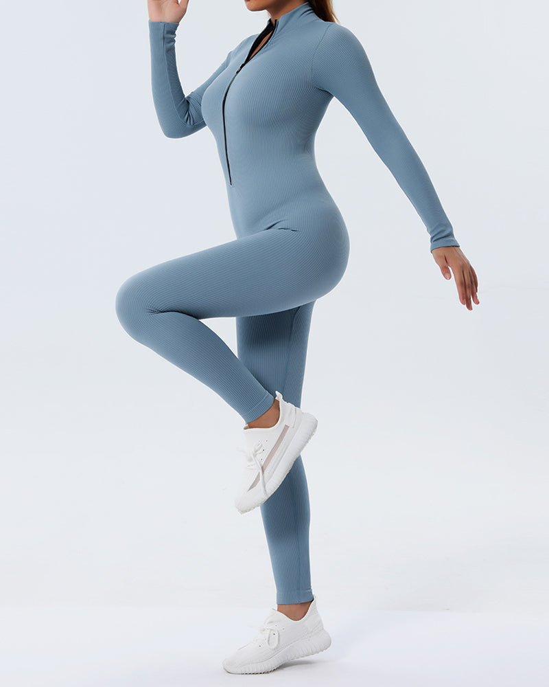 Women Slim Zipper Front Long Sleeve Yoga Jumpsuit Silver Pink Blue Black S-L