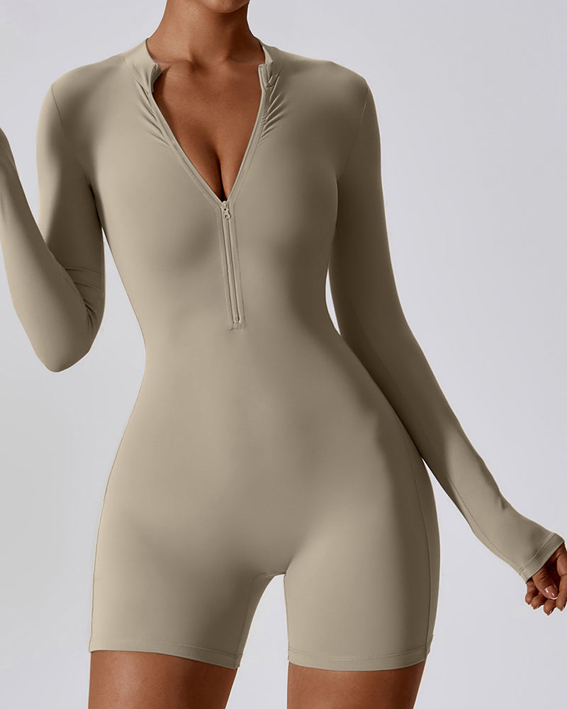 Solid Color Long Sleeve Nuke Feeling Zipper Front Slim Yoga Jumpsuit Yoga Romper Black Brown Coffee Rosy Gray S-XL