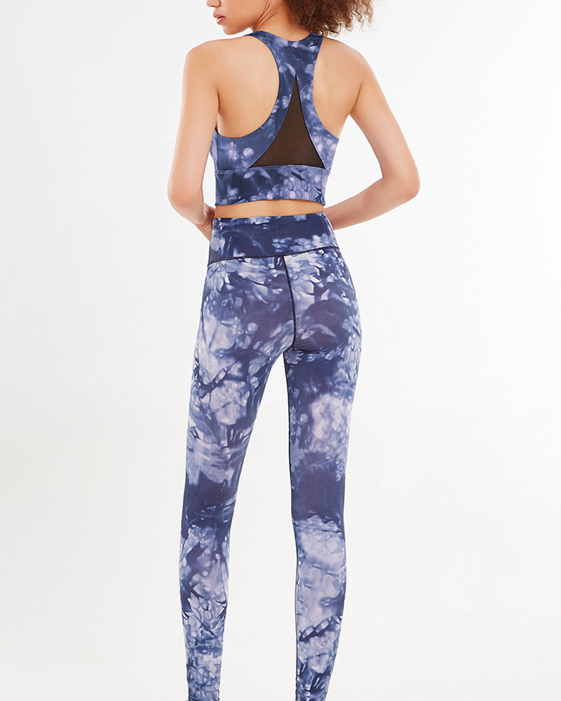 Women Sleeveless Printed V-neck Fitness Yoga Two-piece Suits Pink Blue Green Purple XS-XL Pants Sets