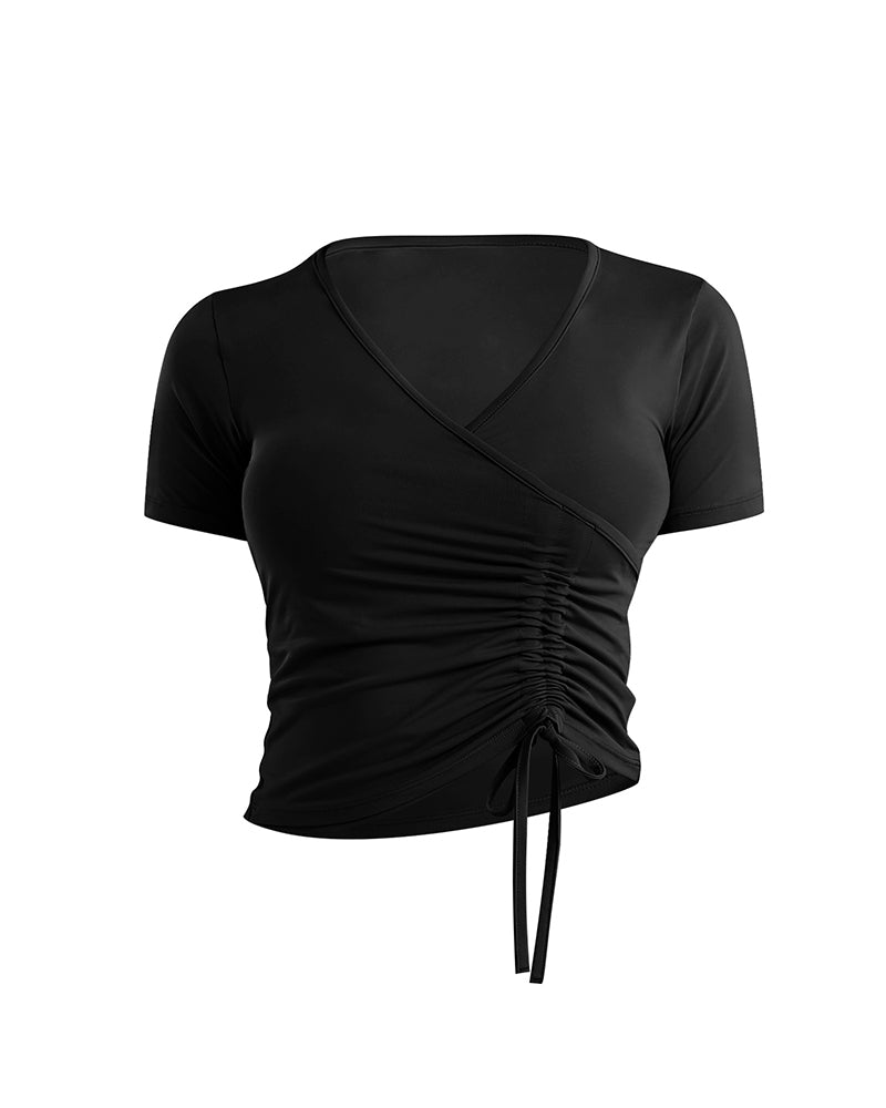 Summer New Short Sleeve Yoga Shirts Fitness Gym Women V-Neck Drawstring Design Crop Top Sports Elastic Dry Quick T Shirt