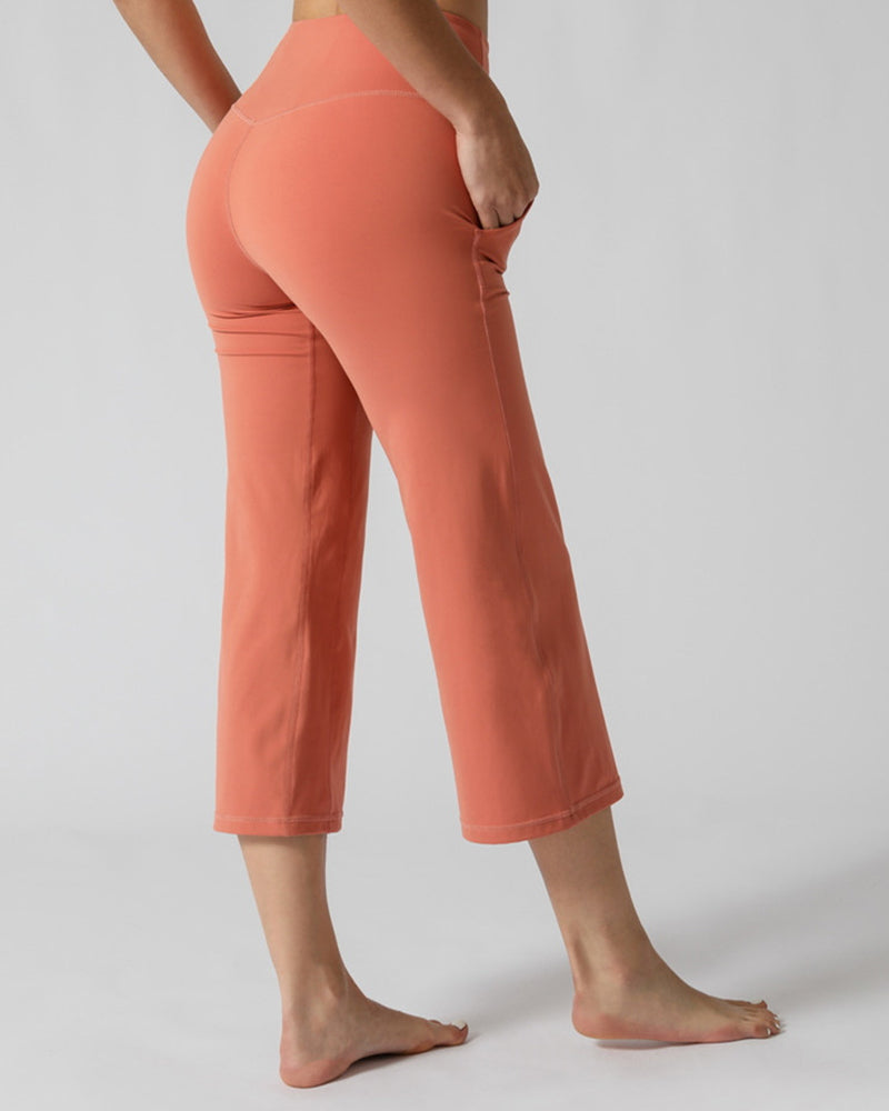 Summer New High Waist Pocket Wide Leg Yoga Cropped Straight Pants Solid Color S-XL