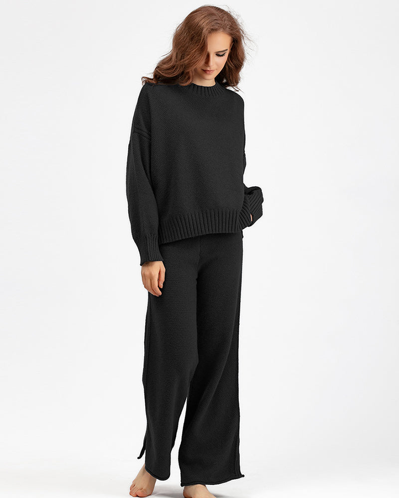 Autumn Winter New Long Sleeve Sweater Wide Leg Knit Pants Casual Wear Two Pieces Set One Size