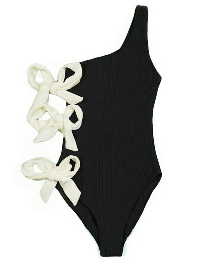 Women Colorblock Strappy Hollow Out One Shoulder One-piece Swimsuit White Black S-L