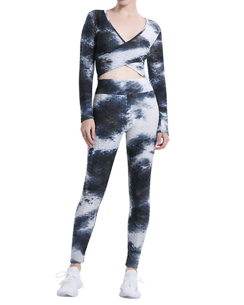 Yoga Cross Top High Waist Tie-Dye Yoga Pants Fitness Sports Suit S-XXL Pants Sets