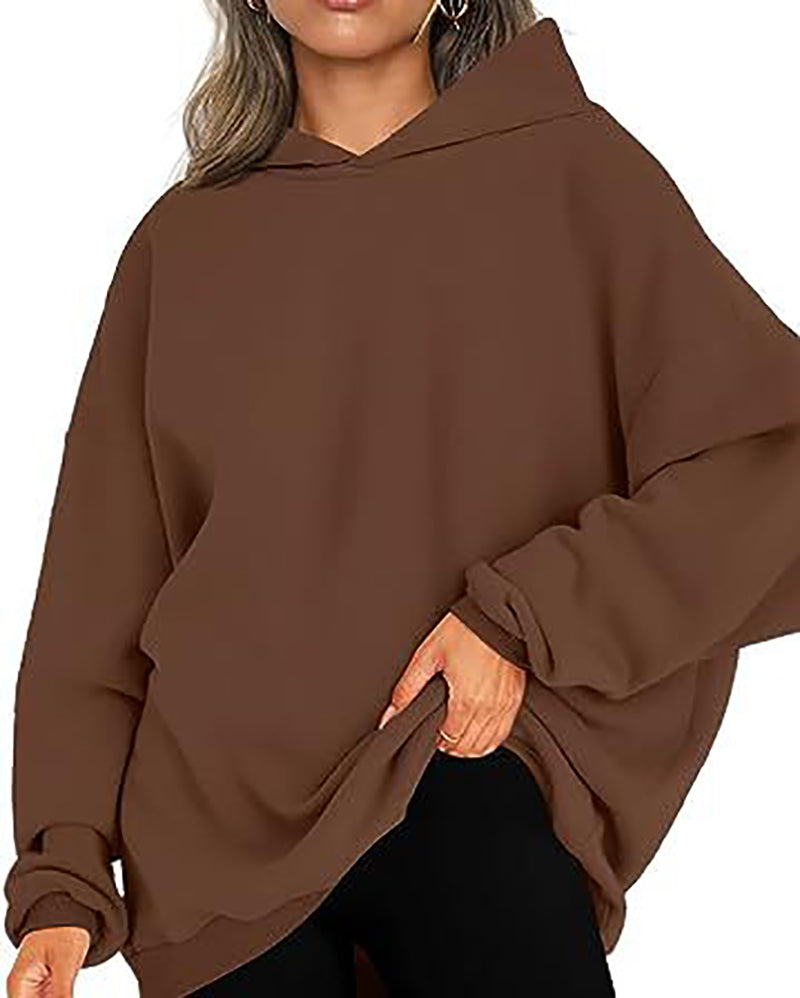 Women Long Sleeve Solid Color Hooded Loose Pullover Tops S-XL