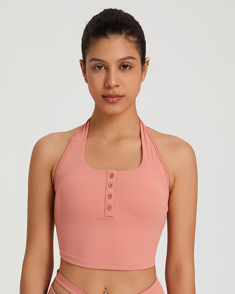 Women Sexy Halter Neck Button Yoga Quick Dry Sports Vest S-XL