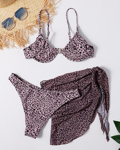 Lady Sexy Pattern Print Leopard Three-piece Swimsuit S-L