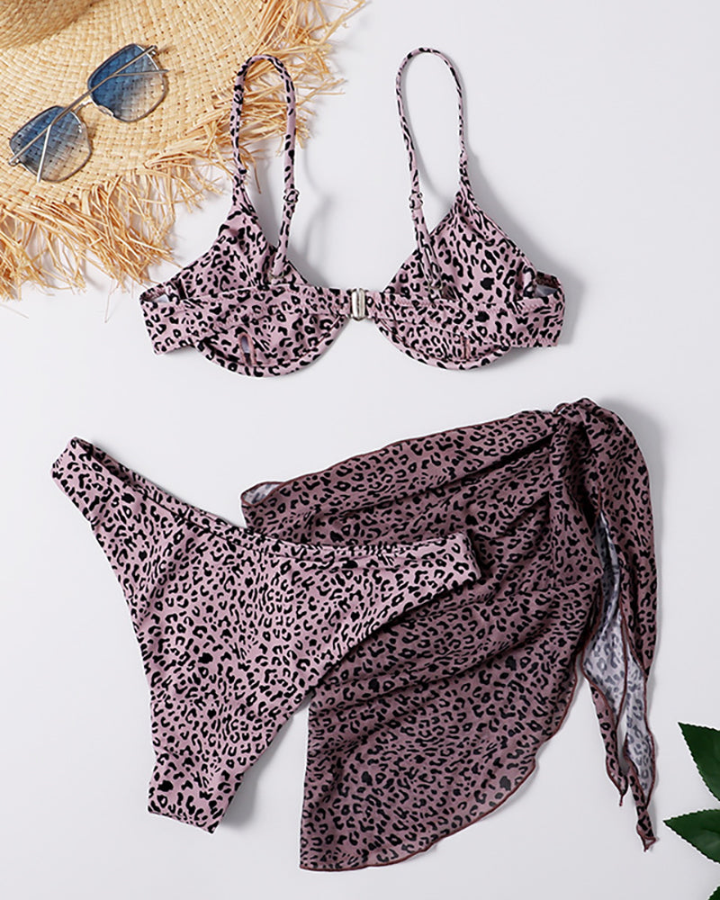 Lady Sexy Pattern Print Leopard Three-piece Swimsuit S-L