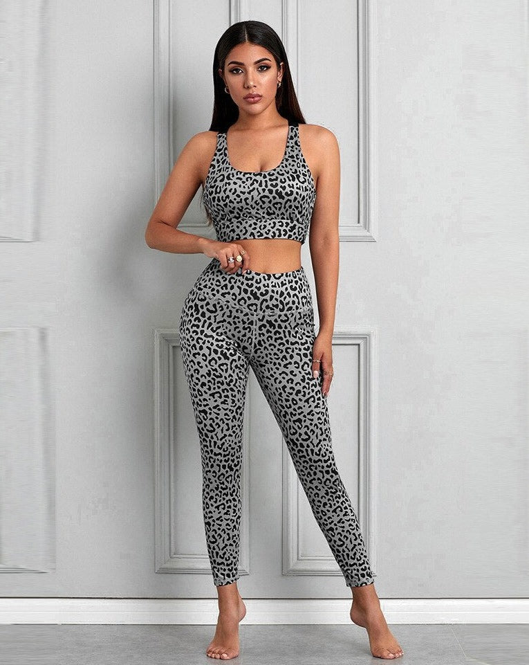 Leopard Print Women Seamless Pants Yoga Set Fitness Sportswear for Women Gym Yoga Suit Sleeveless 2 Piece Yoga Workout Running Clothes OM9269