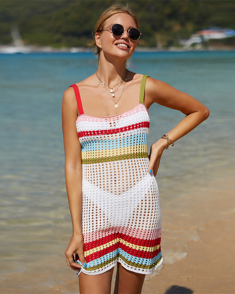 Women Colorblock Vacation Hollow Out Backless Fashion Beach Dresses Orange Green Rosy White S-XL