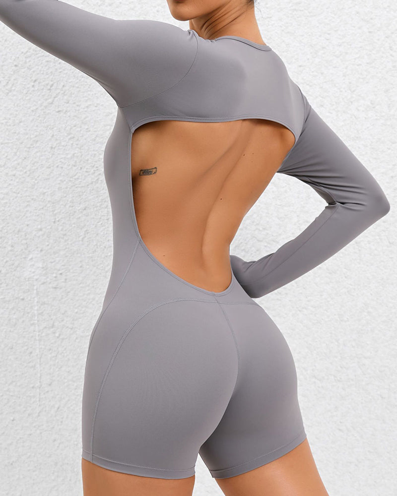 Women Hollow Out Sexy Back Long Sleeve Slim Yoga Sports Romper (no Pad) S-L