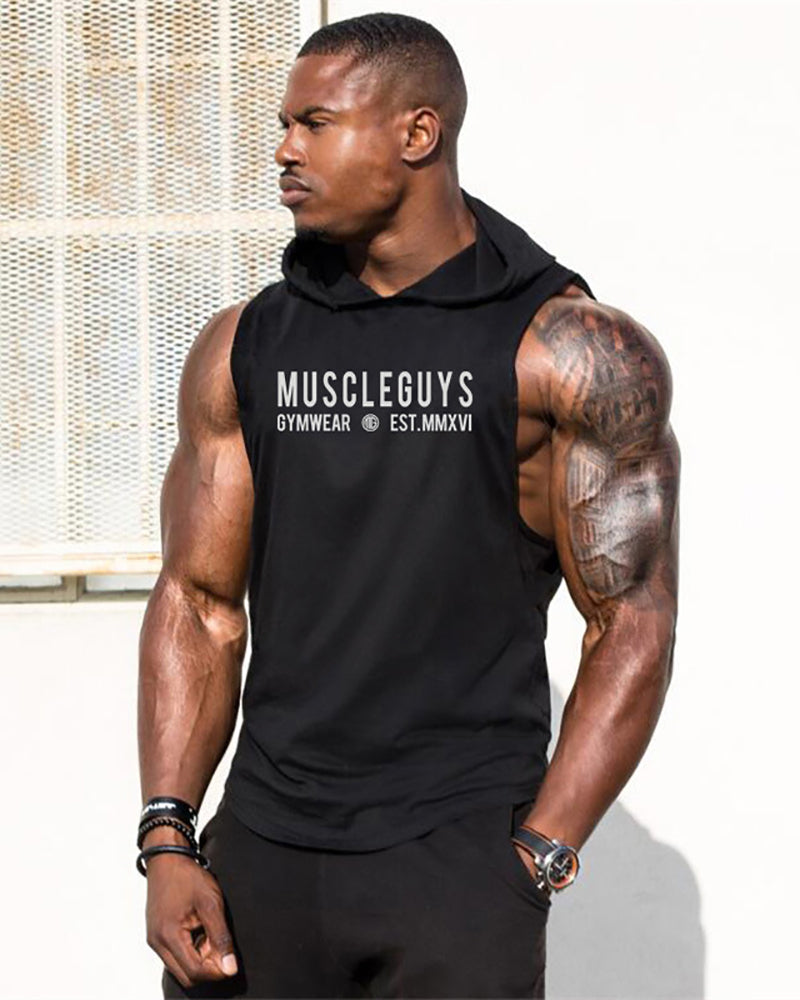 Muscular Men Bodybuilding Fitness Vest Sports Hooded Vest Letter Loose Hurdle Training Sleeveless Top M-2XL