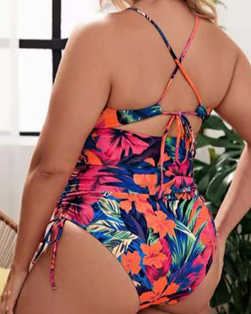 Women Florals Printing Hollow Out Backless High Waist Plus Size Swimsuit L-4XL