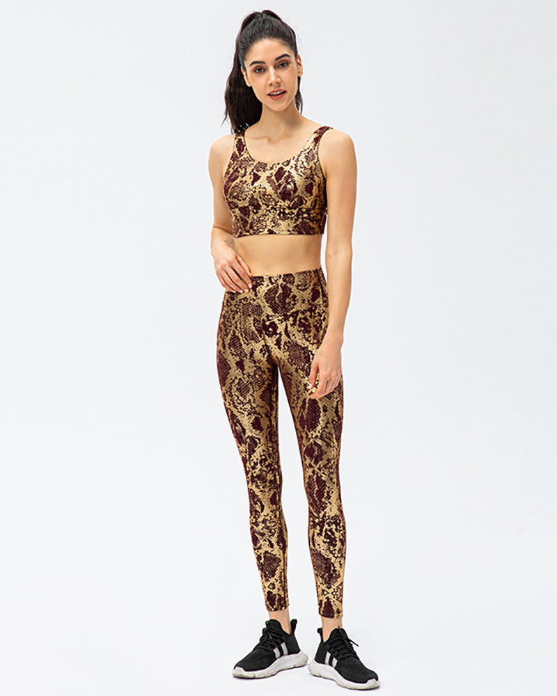 Hot Sale Women Snake Printed U Neck Bra Slim Tights Yoga Two-piece Sets Black White Deep Blue Brown S-2XL Pants sets