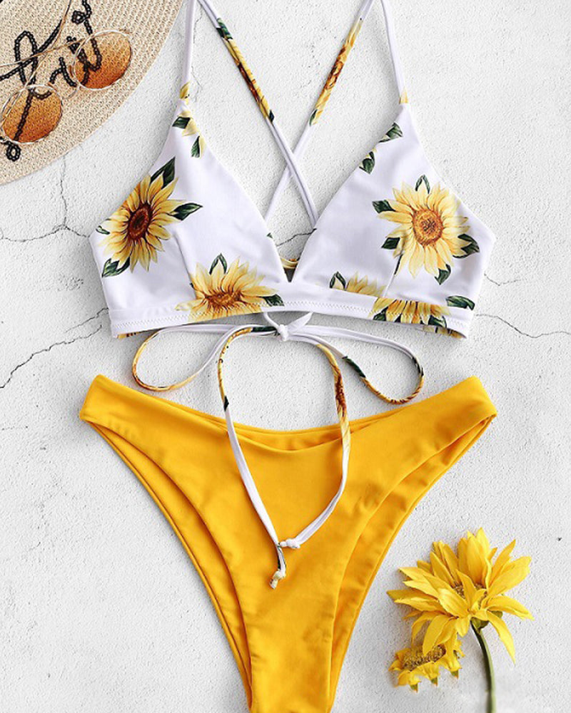 Women Sunflower Printing Two-piece Swimsuit S-XL YY10238