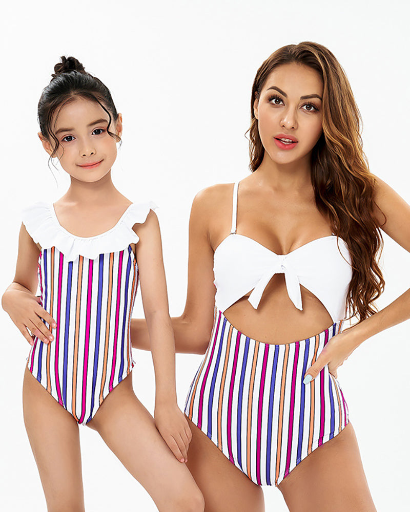 Fashion Stripe Printed Color Block Stitching Cute Bowknot One-Piece Backless Bikini Mother and Daughter Swimsuit Adult S-Adult XL Child 104-Child 164