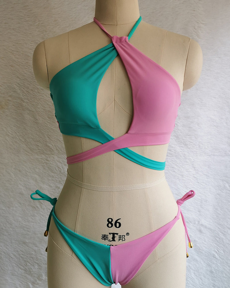 New Swimsuit Color Blocking Gathering Strap Sexy Bikini Swimsuit S-XL