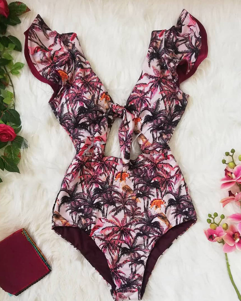 Sexy Swimwear Flounces Printed One-piece Swimsuit