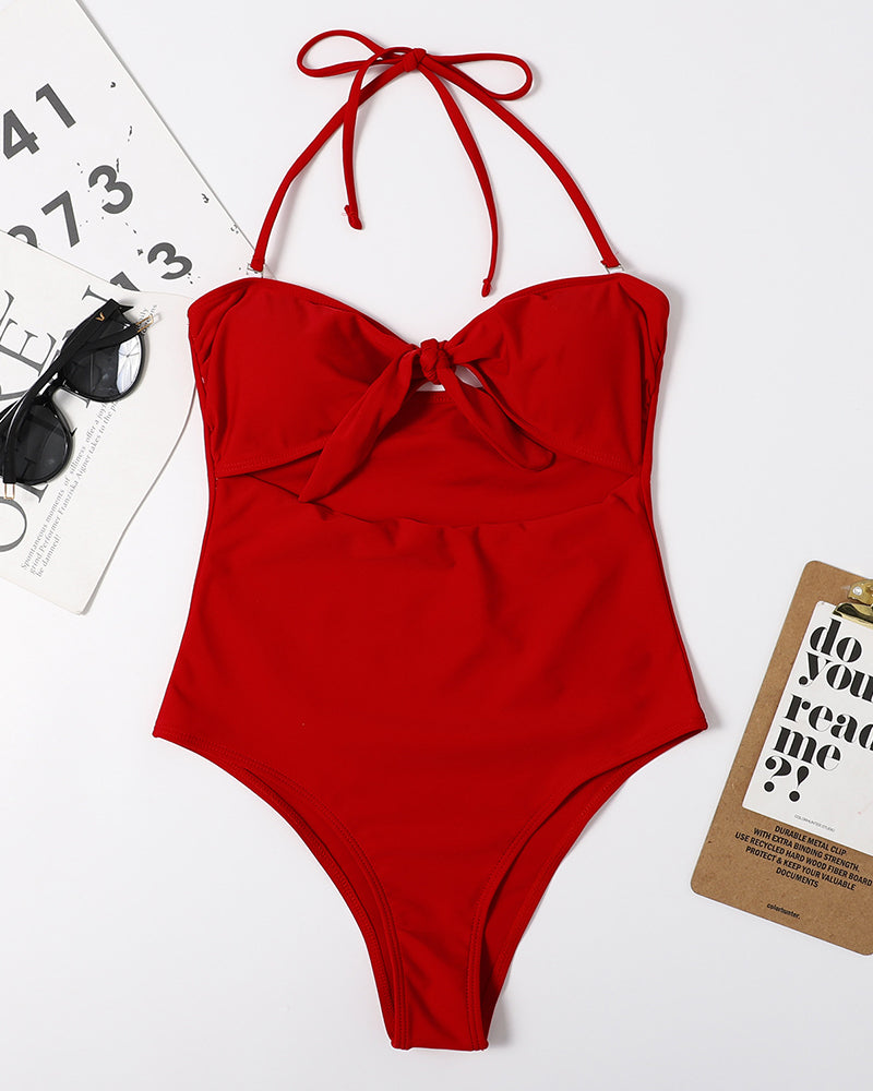 Women Sexy Hollow Out Tie Knot One Piece Swimwear Red Black S-XL YY10027