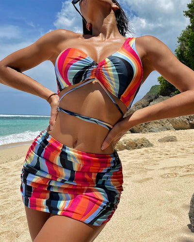 New Three Piece Swimsuit One Shoulder Bikini Ladies Swimwear Print Swimwear S-L