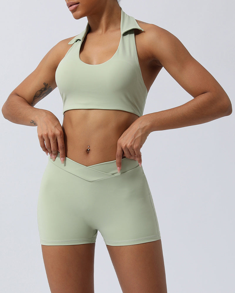 Lapel Sports Bra High Waist Yoga Shorts Pants Two Pieces Sets Green Blue Pink S-XL