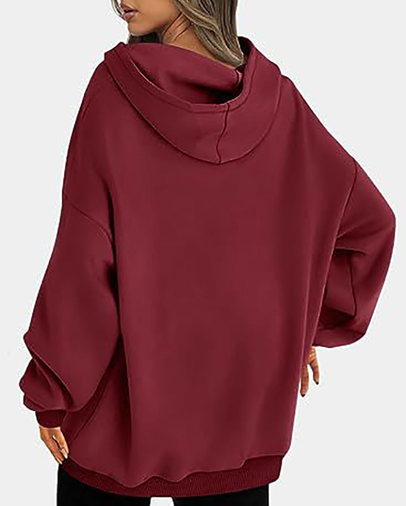 Women Long Sleeve Solid Color Hooded Loose Pullover Tops S-XL