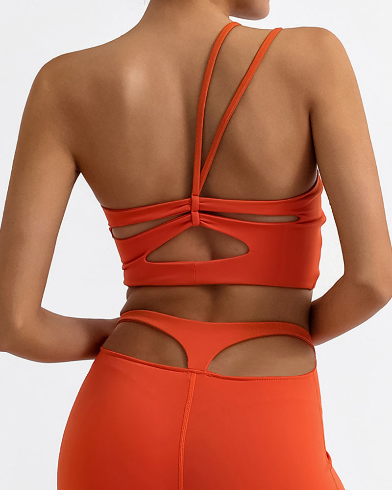 Women One Shoulder Back Criss Cross Quick-Drying Sports Bra Orange Khaki Black White S-L