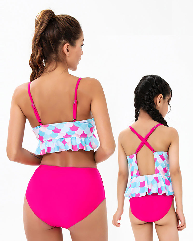 Fashion New Graphic Printed Ruffled Sling Triangle High Waist Two-Piece Bikini Mother and Daughter Swimwear Adult S-Adult XL Child 104-Child 164