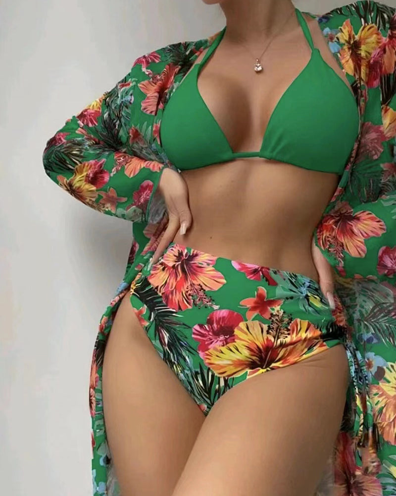 Floral Printed  Three  Piece Set Women Vacation Swimwear Set S-XL