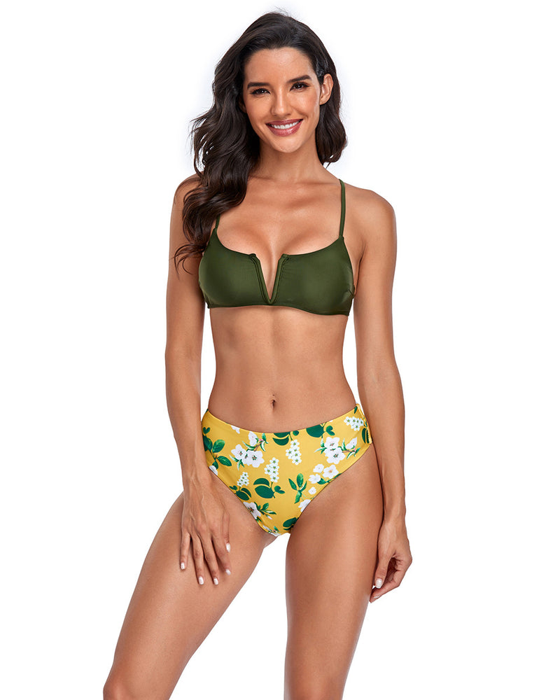 Women Strap V-Neck Printed Fashion Two-piece Swimsuit Sexy Bikini Yellow Black Green S-XL