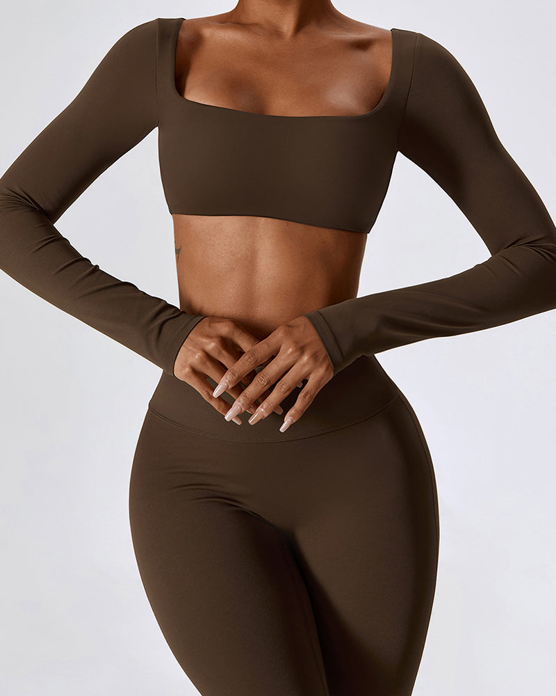 Long Sleeve Square Neck Show Waist Solid Color Yoga Tops Black Brown Coffee Bean Green Apricot S-XL